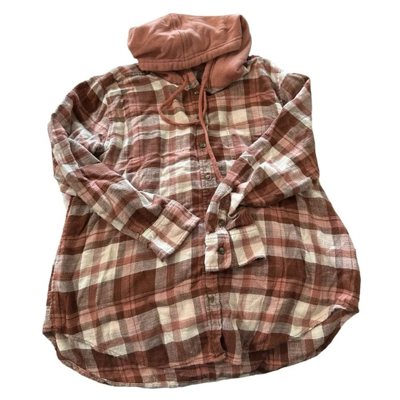 American Eagle women's size small pink and cream plaid flannel with hood - Picture 1 of 4